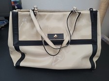 Kate Spade Cream Black Patent Leather Color block Satchel Tote Purse Handbag