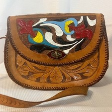 Vintage Hand Tooled Leather Crossbody Bag Painted Floral Western Boho Purse