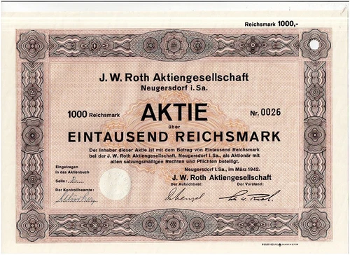 TAA #32 J. W. Roth AG, Neugersdorf I. Saxony 1942, 1000 RM, Very Rare Offer