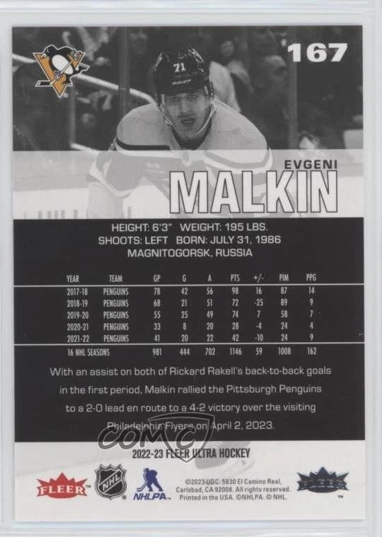 2022-23 Upper Deck Fleer Ultra Silver Foil Evgeni Malkin #167 - Image 2 of 2