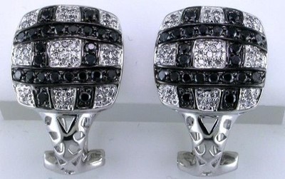 1.02CT WHITE & BLACK DIAMOND 14KT WHITE GOLD 3D CHECKER CLIP ON HANGING EARRINGS