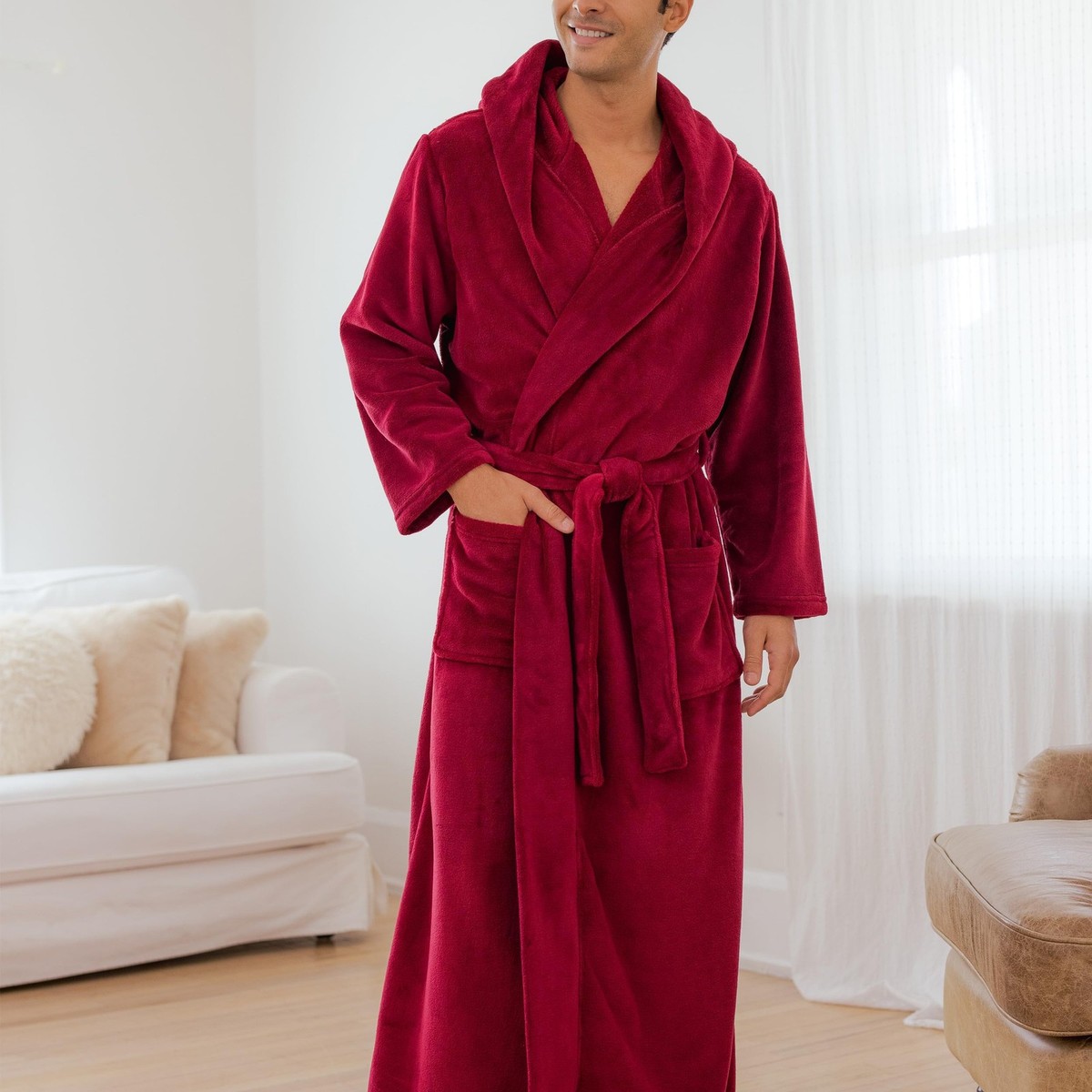 Alexander Del Rossa Mens Robe, Plush Fleece Hooded Bathrobe Men
