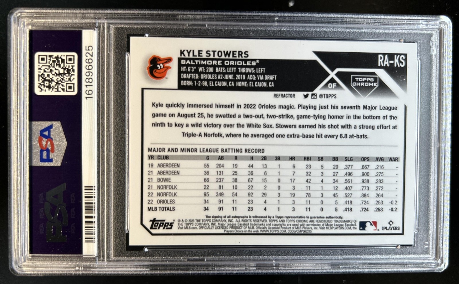 2023 Topps Chrome Kyle Stowers Rookie Auto Refractor RC #/499 Orioles PSA 9 view 2