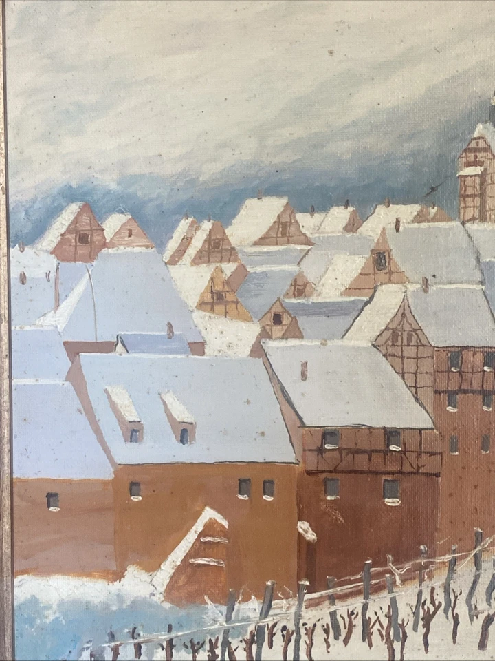 tableau ancien huile sur toile signé Monachon Alsace Neige Riquewihr - Photo 4/4