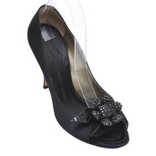 GIUSEPPE ZANOTTI Pump Black Pumps Silk Leather Floral Crystals Peep Heels 38.5