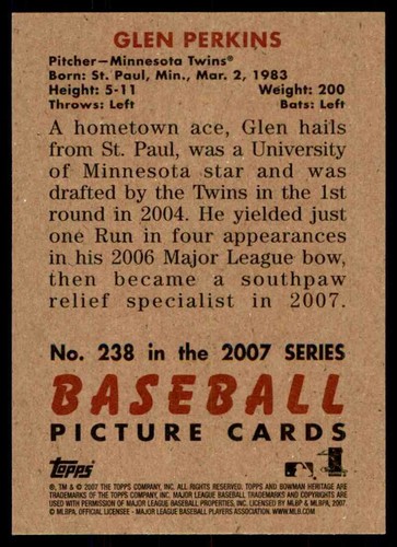 2007 Bowman Heritage Glen Perkins Minnesota Twins #238 - Picture 2 of 2