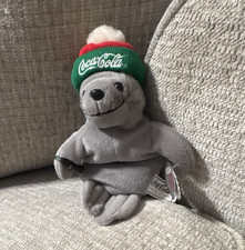 Coca-Cola 1997 Gray Seal Plush Stuffed Animal w/ Green Knit Hat Small