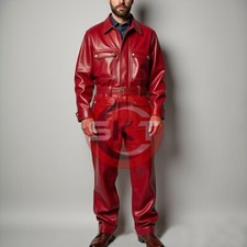 MEN GENUINE SOFT RED LEATHER CATSUIT FRONT FLAP POCKET OVERALL BODYSUIT JUMPSUIT