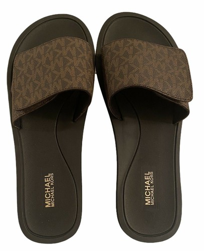 Sandalias Michael Kors Wade Slide MK Signature Logo Ajuste Cierre Marrón Talla 9 Nuevas - Imagen 2 de 8