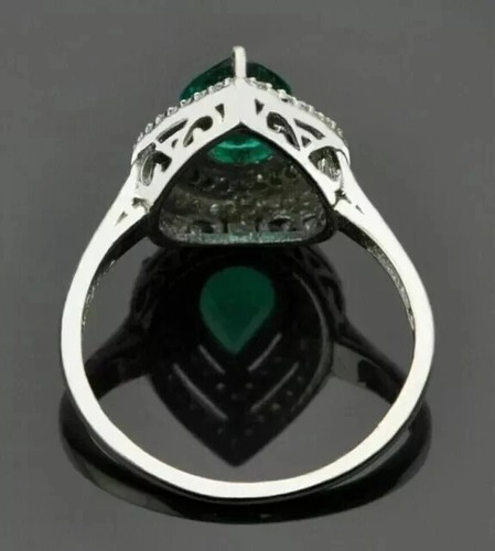 Natural Green Emerald 2Ct Pear Cut Halo Engagement Ring 14K White Gold Plated - Picture 3 of 8