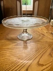 JEANETTE GLASS HARP ETCHED GOLD SCALLOPED RIM  10" W X4 1/2" PEDESTAL CAKE PLATE