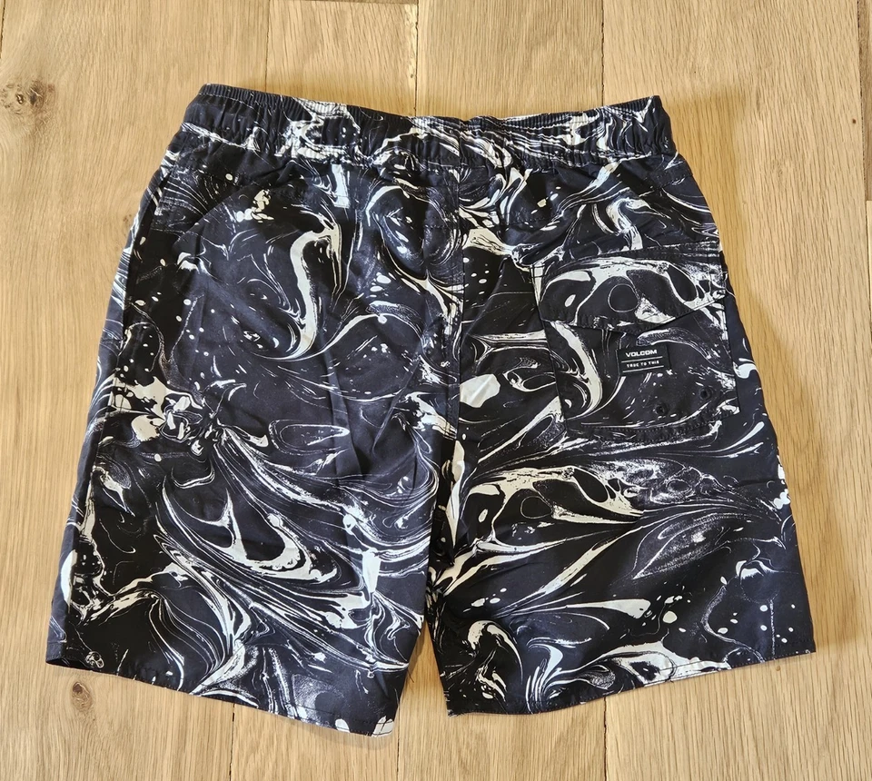 VOLCOM Boys M (10/12) Board Center Swim Trunks Shorts Mesh Lined Black White - Image 3 of 4