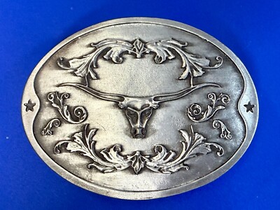 Longhorn Cow Bull Head Steer Ornate Silver Tone Can Drink Holder on Belt Buckle