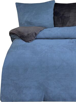 Teddy Plüsch Bettwäsche 200x220 cm Winter Uni blau anthrazit Flausch Fleece Warm