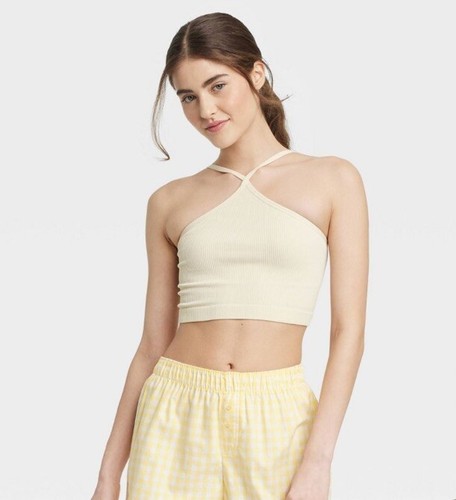 Colsie Women’s Sz M Halter Brami Off-White Ivory Ribbed Seamless Square Back New