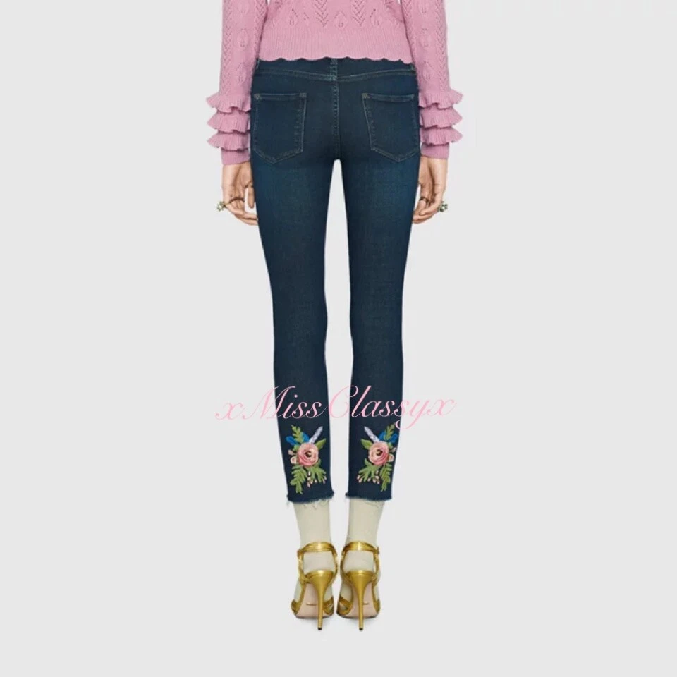 ✨Pantalon jean skinny stretch taille basse brodé floral GUCCI XS S 24 neuf avec étiquette