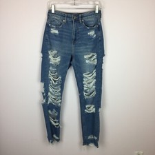 American Eagle Mom Jeans Sz 4 Womans Blue Denim High Rise Medium Wash Destroyed