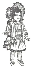 9-11"FRENCH BRU-GERMAN SMALL DOLL@1880's SHIRRED FRONT PANEL DRESS HAT PATTERN