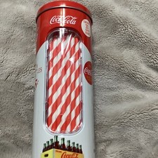 Coca-Cola Tin Straw Holder 20 Piece Paper straws Included New Collect Coke Decor