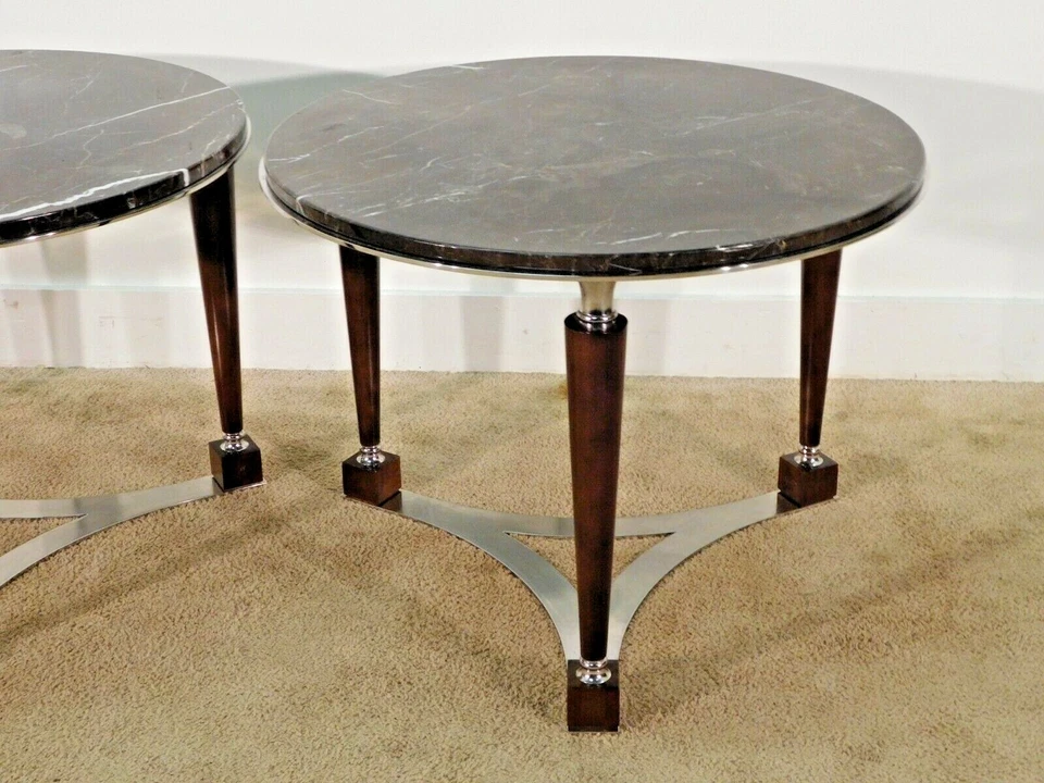 Par de mesas auxiliares modernas con columna de madera cromada de acero con tapa de mármol DECCA Foto 4 de 4