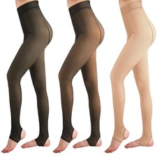 3 Pairs Fleece Lined Stirrup Tights Women XL - 300g, Black, Coffee And Beige 