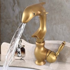 Antique Brass Dolphin Shaped Single Handle Bathroom Basin Sink Faucet Mixer Tap