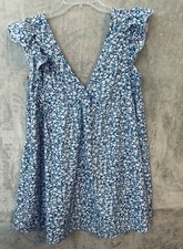 SHEIN Dress Womens Small Blue White Floral Ruffle Sleeveless V Neck Babydoll