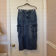 PacSun Womens M Blue Denim Cargo Midi Skirt Y2K Utility Pockets Front Slit