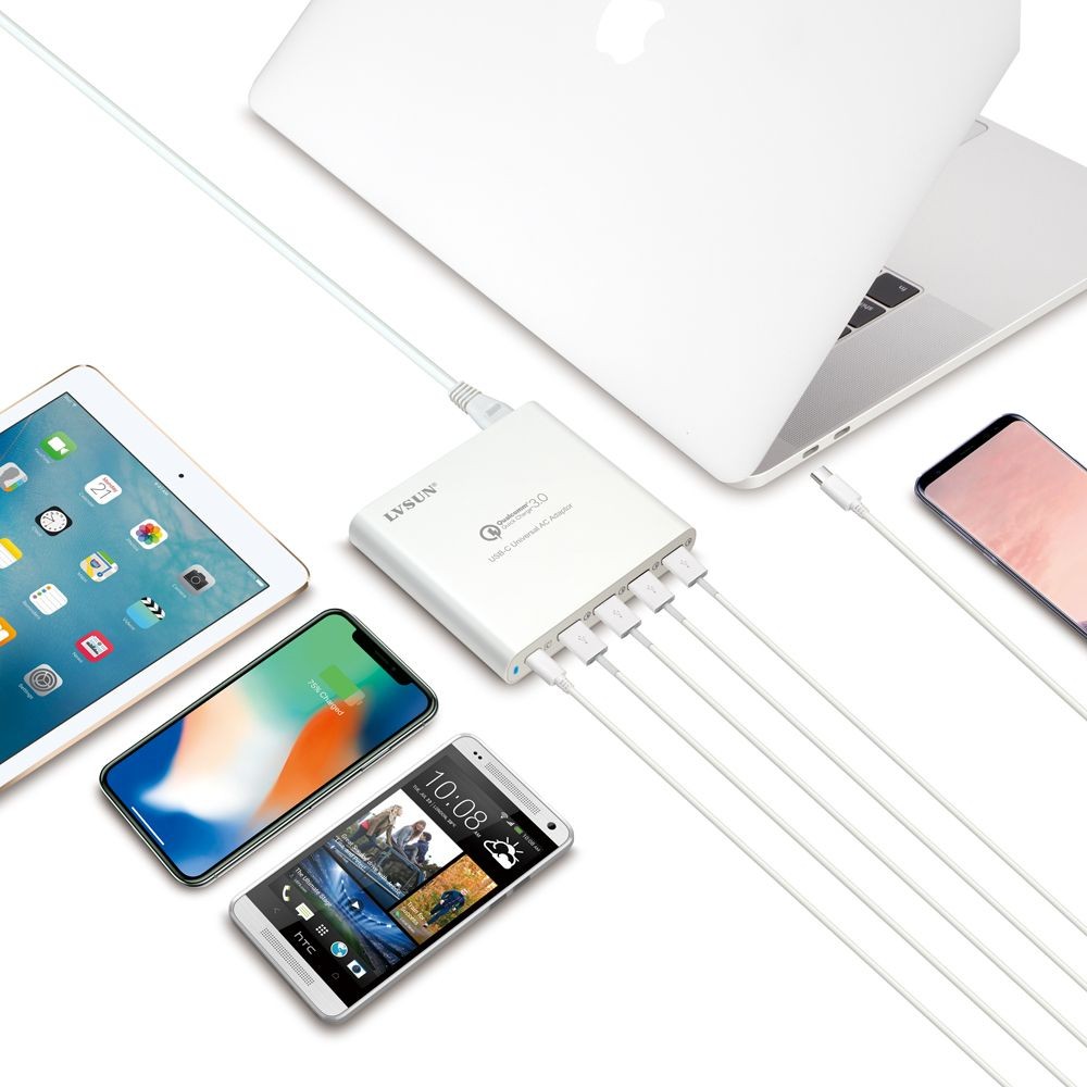 Station de charge rapide 80W multiprise USB C et 4 USB A pour bureau noir