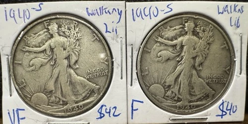 1940 S 50C Silver Walking Liberty Half Dollar VF And F Lot Of 2 Coins