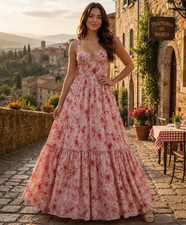 Azazie Peach Floral Maxi Dress Sweetheart Bodice Wedding Formal Party, Sz 14