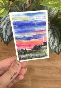 ACEO Original Art Miniature Card farm landscape Gouache  -Andrea baker