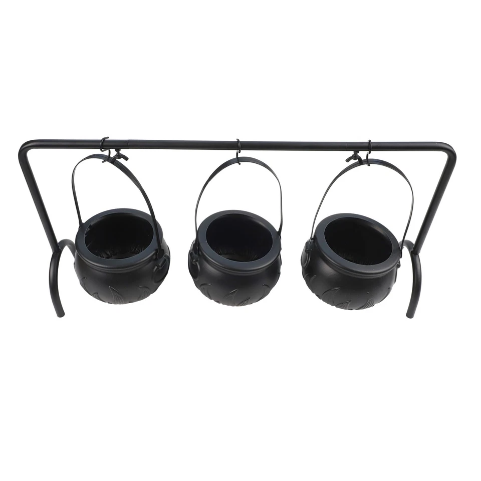 Set of 3 Halloween Witch Cauldrons Candy Bowls with Metal Rack Black Color - Image 2 of 4