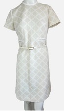 VTG 60s Kay Windsor Mod Shift Dress White Diamond Knit ILGWU Belted M AS IS READ