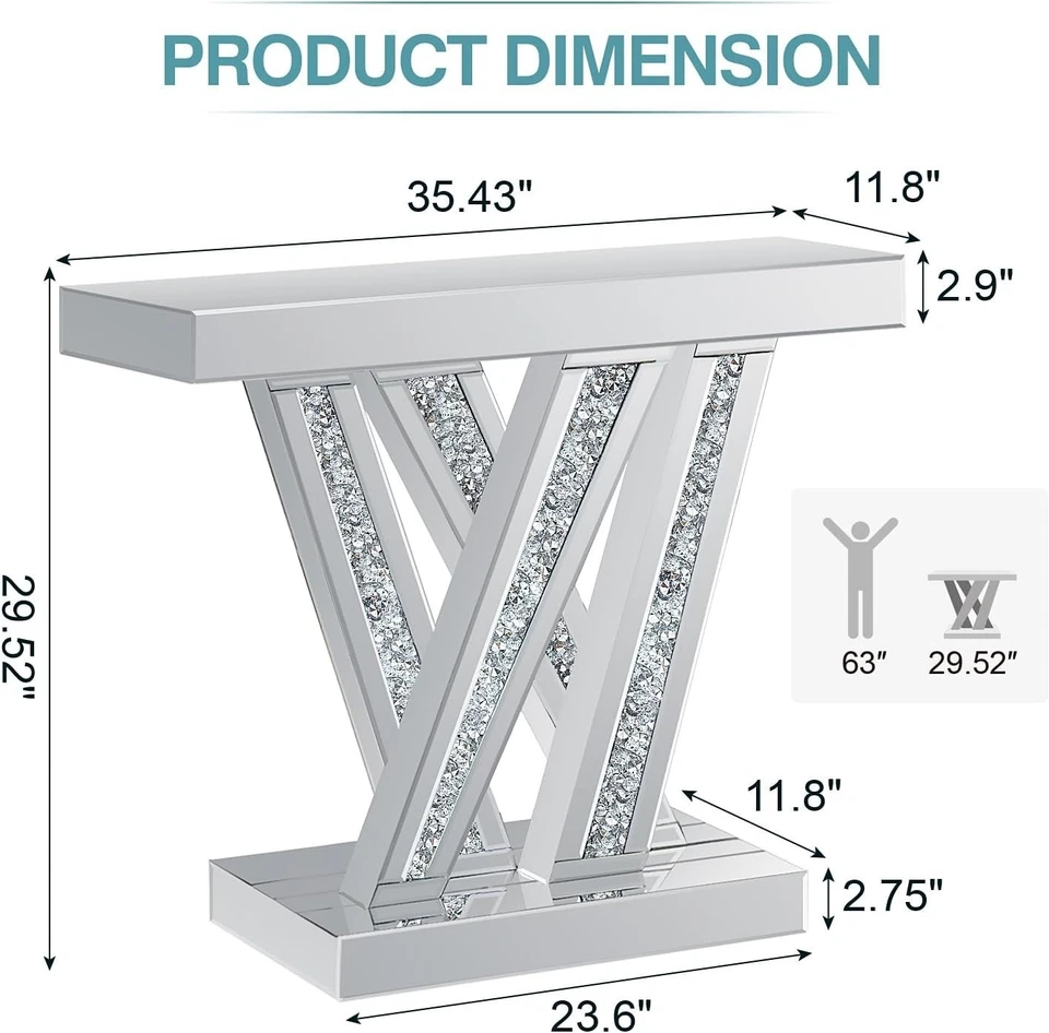 Mesa Consola Moderna 35" Plateada con Espejo Cristal Pasillo Mesa para Salón Foto 3 de 4
