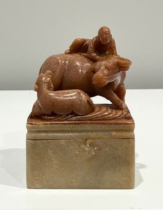 Large Antique Chinese Carved Soapstone Water Buffalo Boy Calf Seal Stamp
