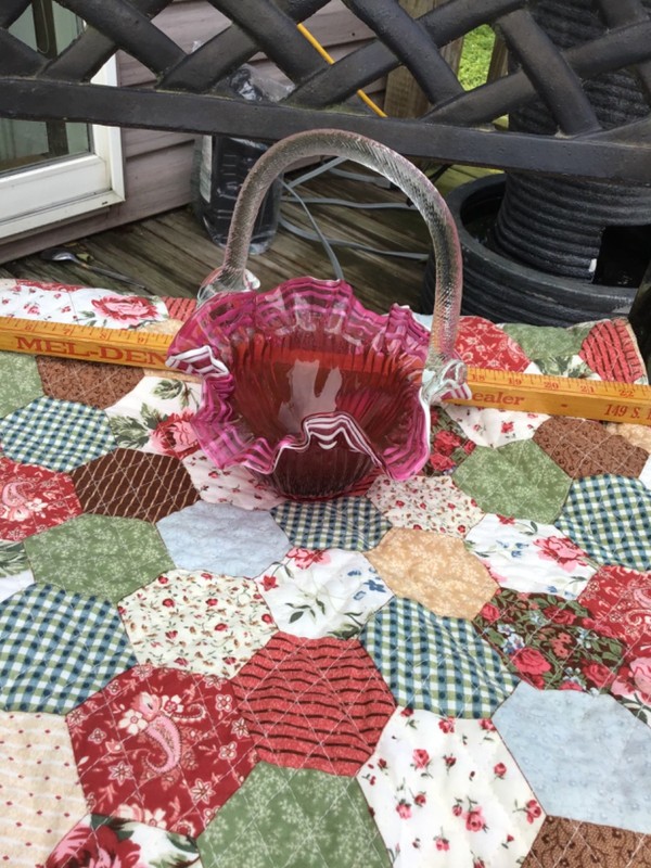 8” VTG Fenton Cranberry Snow Crest Thumbprint  Crimped Ruffled Basket