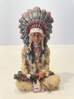Native American Chief Resin Figurine, Painted Beige/Brown/Black