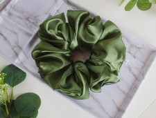 XL Dark Olive Satin Scrunchie Large Elastic for Thick Hair