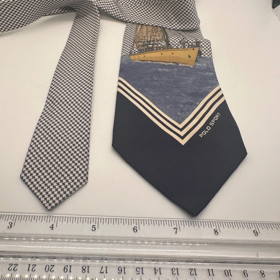 Polo Sport Ralph Lauren Mens Neck Blue White Tie Sailing Yacht Nautical 100%Silk - Image 3 of 4