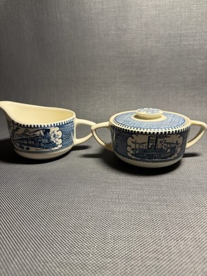 Vintage Currier and Ives Royal China Blue Cream and Handled Sugar Bowl Set