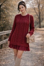 Fashion Clothing Red burgundy Cable Knit Sweater Dress Pleated Hem Crew Neck S