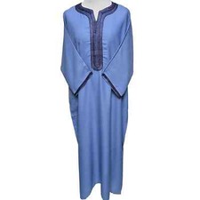 Men Moroccan Rich Cotton Blue 3-Quarter Sleeve Thobe Jubba Kandorah Dishdasha