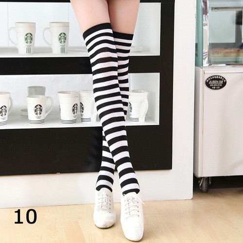 Womens Cotton Socks Thigh High Lady Striped Over Knee Slim Leg Stockings Casu + - Picture 22 of 35