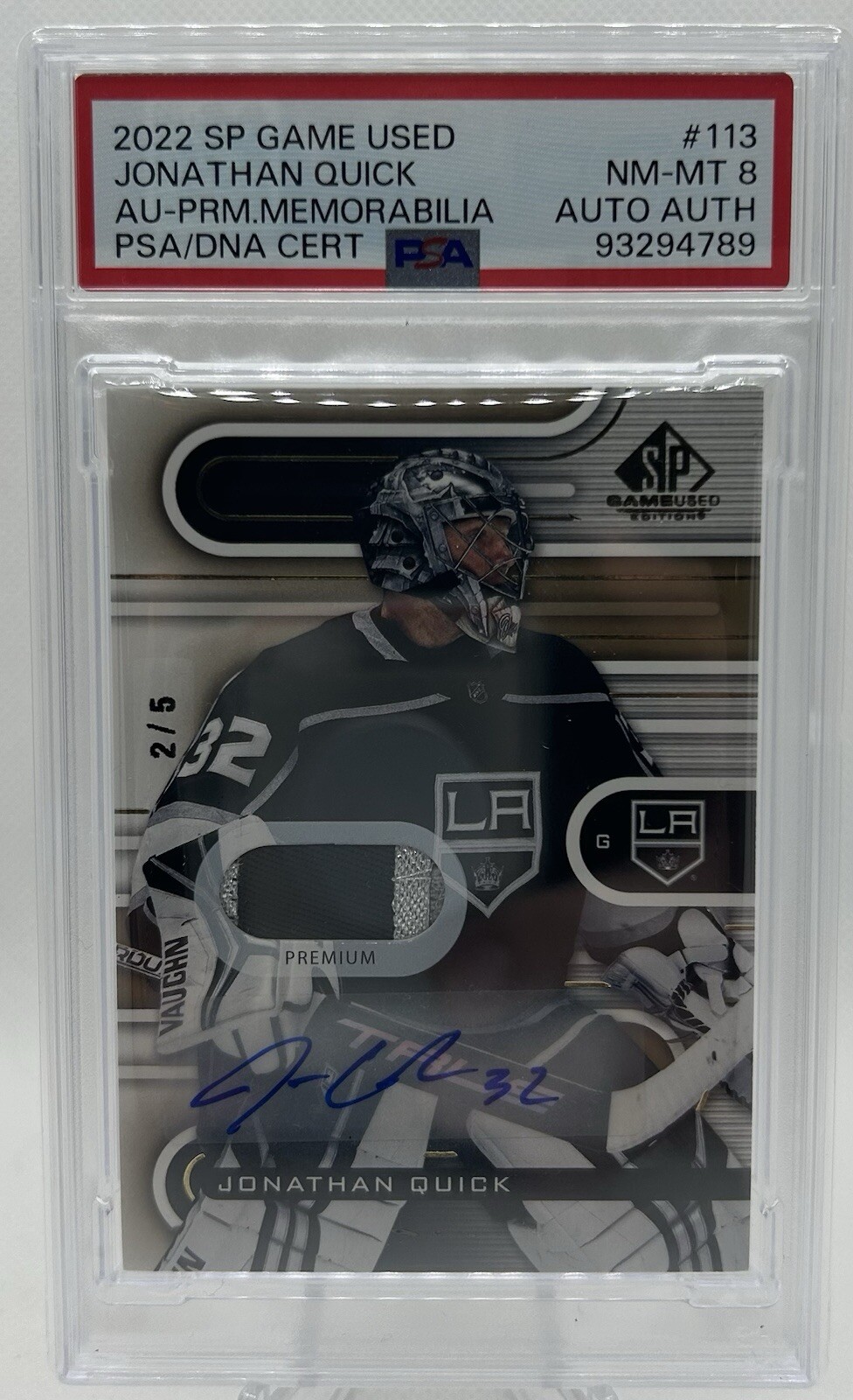 Jonathan Quick Los Angeles Kings 2022-23 SP Game Used Premium Patch Auto Black /5 - PSA 8 - POP 1 