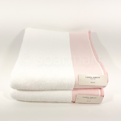 Laura Ashley 100% Cotton Set of 2 Towels 2 Bath White + Pink New