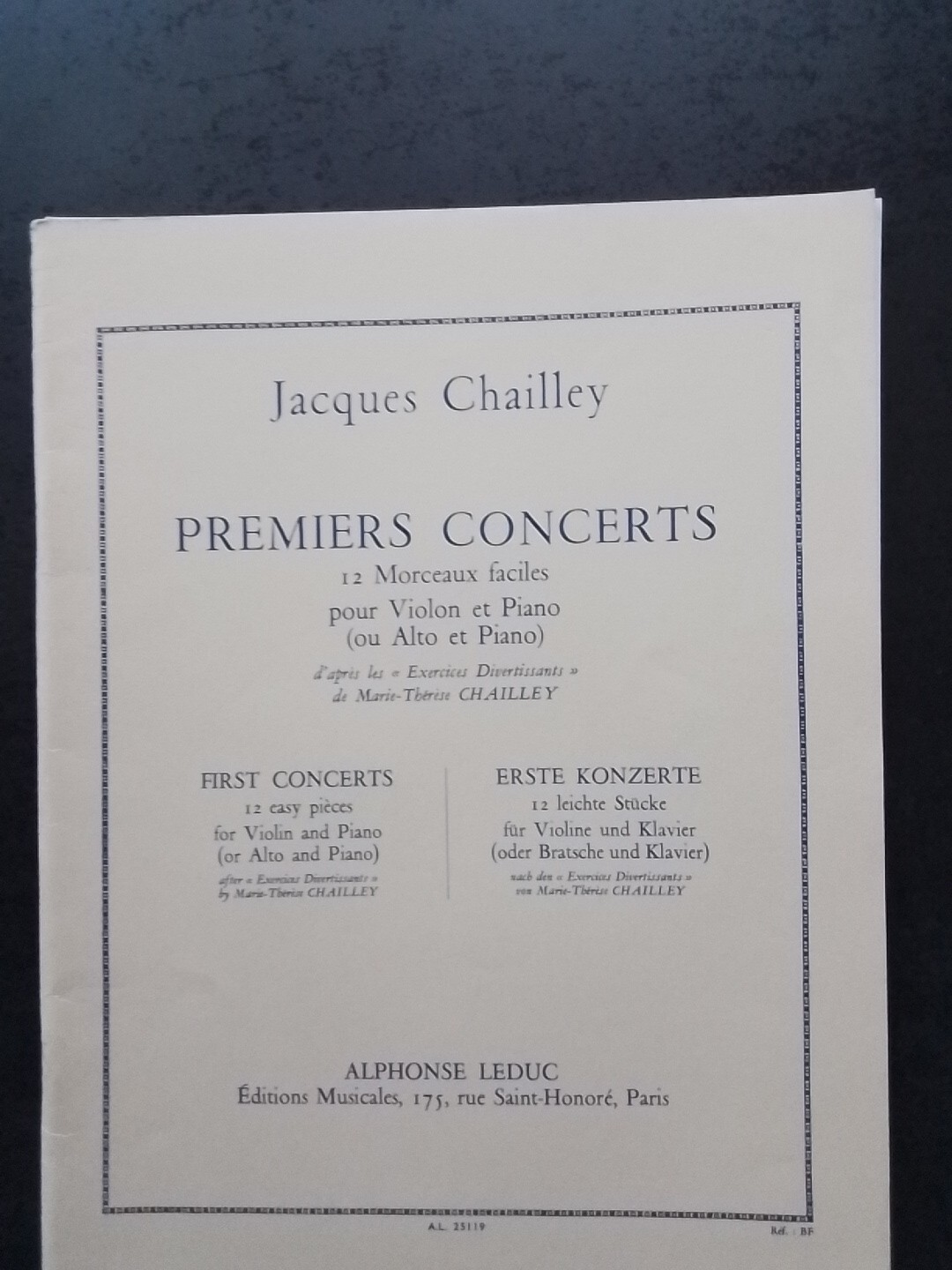 Partition violon ou alto facile Jacques Chailley pour duo instrumental en école de musique