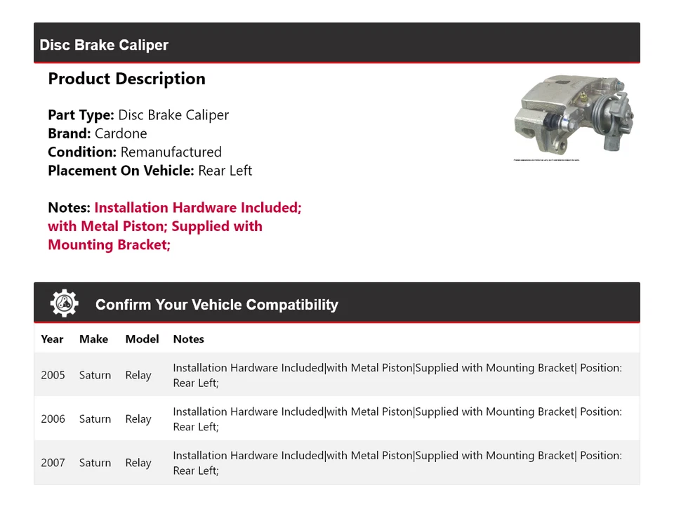 Pinza de freno de disco trasera izquierda Cardone 2006 Saturn Relay 2005-2007 Foto 2 de 4