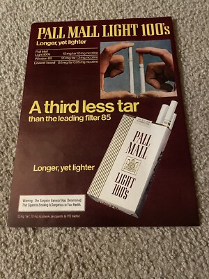 Vintage 1979 PALL MALL CIGARETTES LIGHT 100's PRINT AD 1970s
