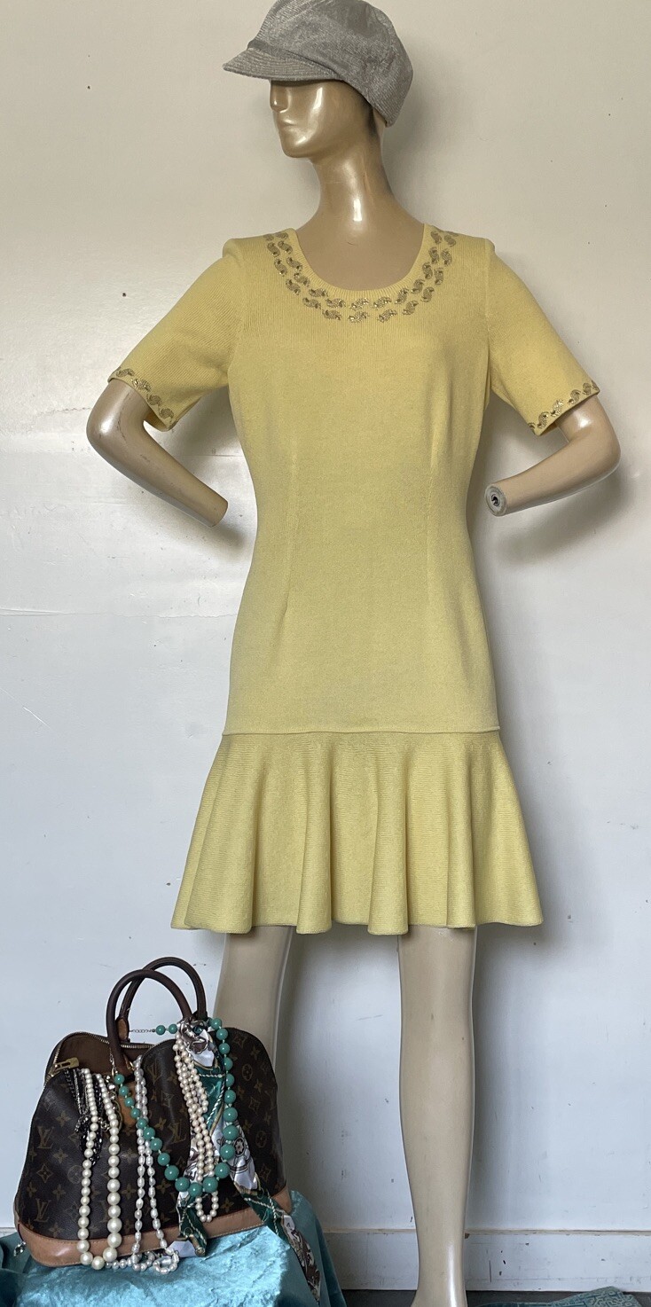 Vintage Elisabeth Custom Knits Flip Dress Lemon Yellow Gold Accents Rare 1980s image 5